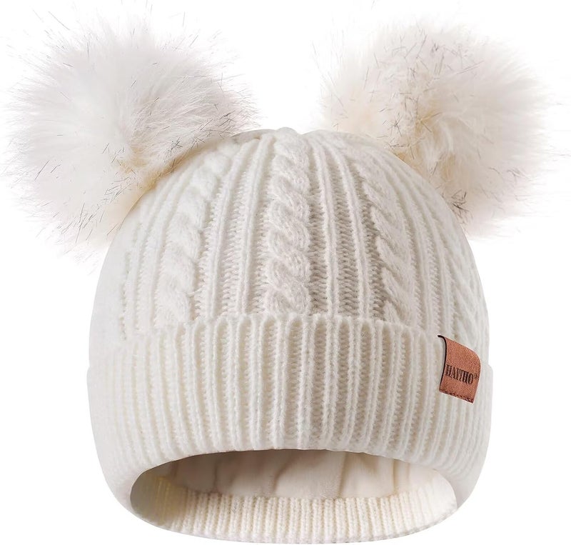 HAITHO Winter Hat for Kids Toddler Children, Girls Beanie with Double Pom Pom Warm Fleece Lined, Girls Accessories Knit Cap - Image 1